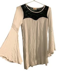 5 for 20 Love Story sheer white large bell sleeve dress W/ black lace neckline